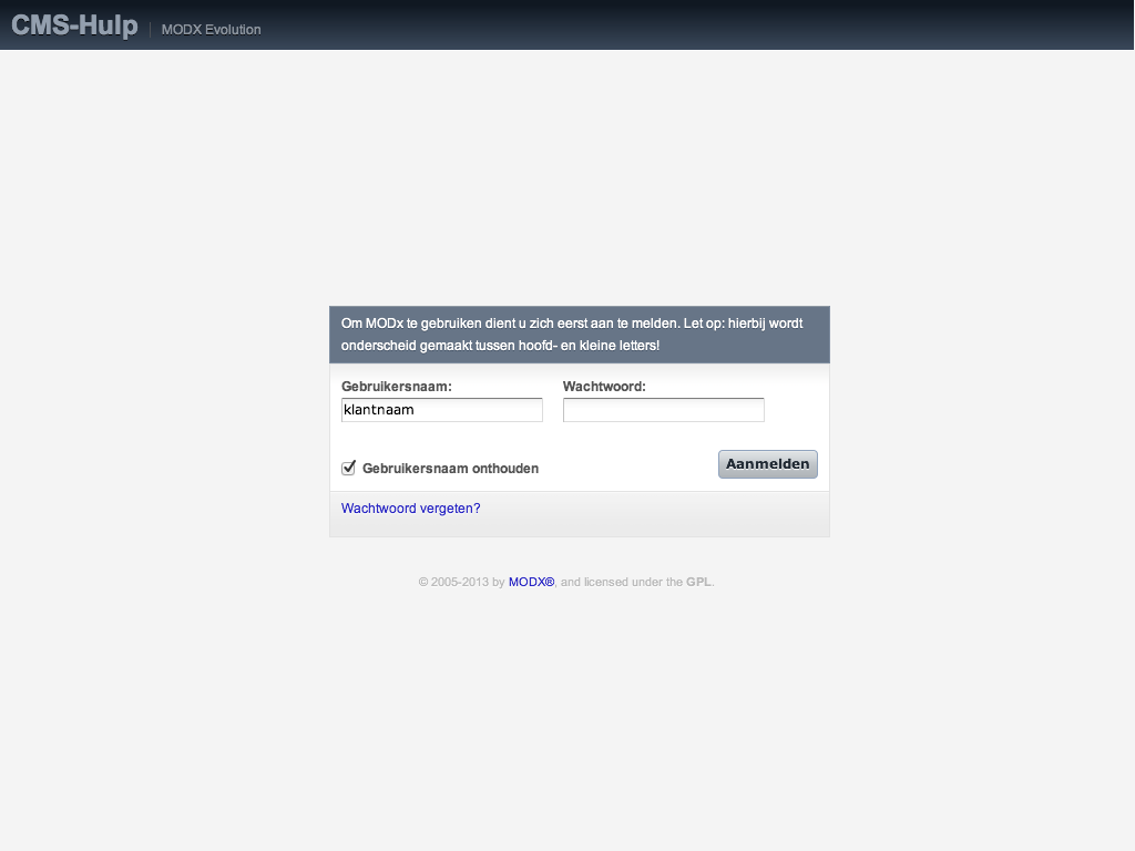 Bij de Manager van MODX inloggen