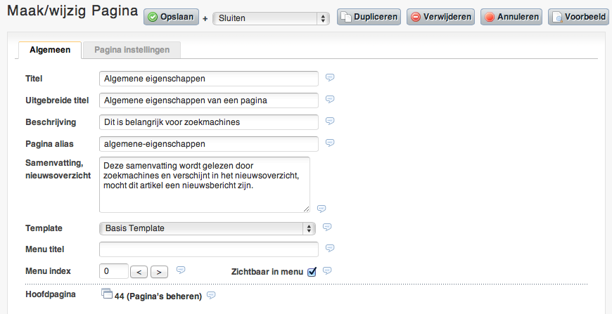 Algemene eigenschappen van een pagina