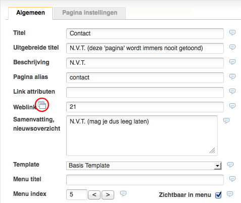 Eigenschappen van een Weblink