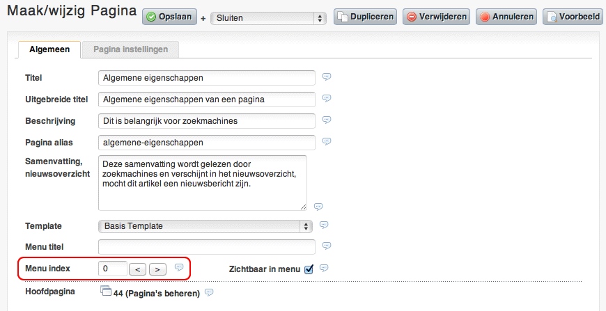 Menu-index, bij de Algemene pagina-eigenschappen